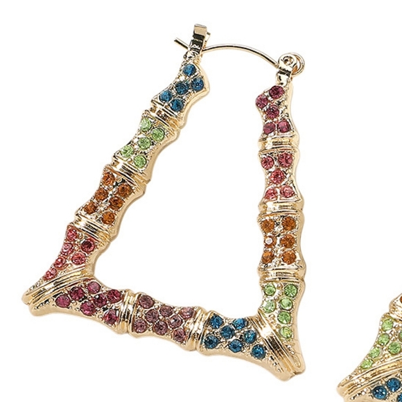 MultiColored Bamboo Door Knocker Earrings Trendy Crystal Rhinestone Hoop Jewelry - Picture 4 of 5